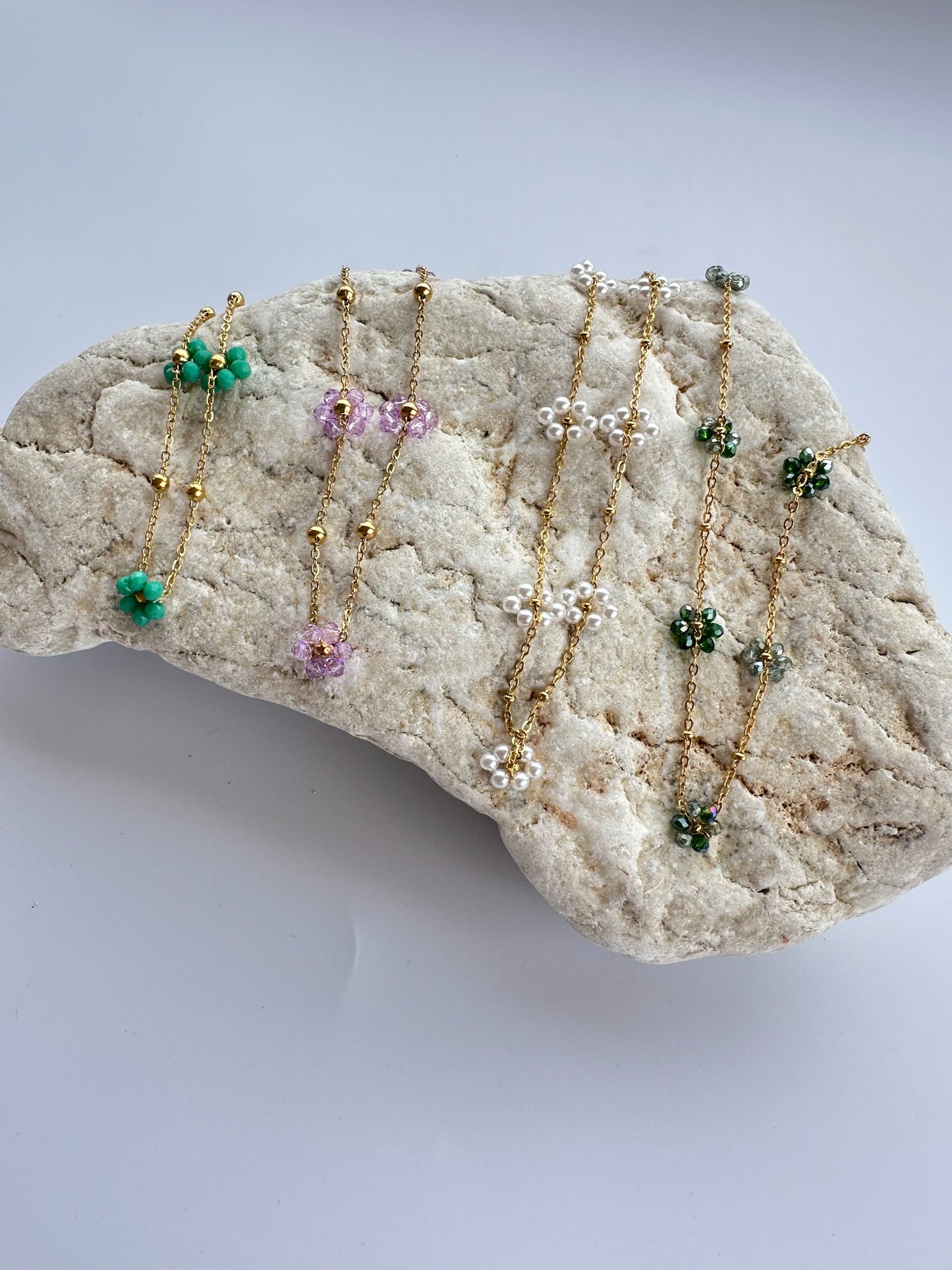 Gold Necklace with Beaded White Flowers