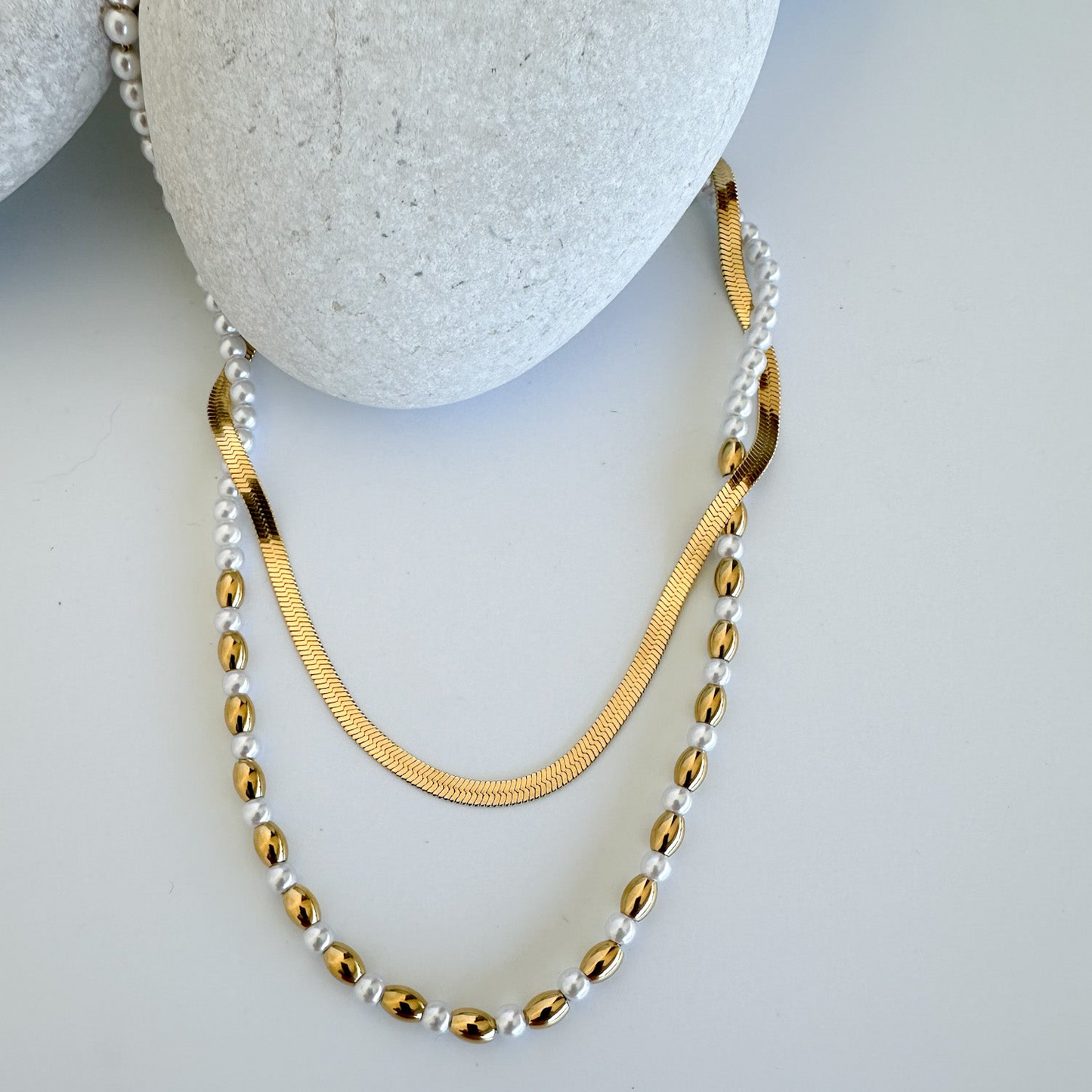 Double Necklace with Beaded and Gold Chain