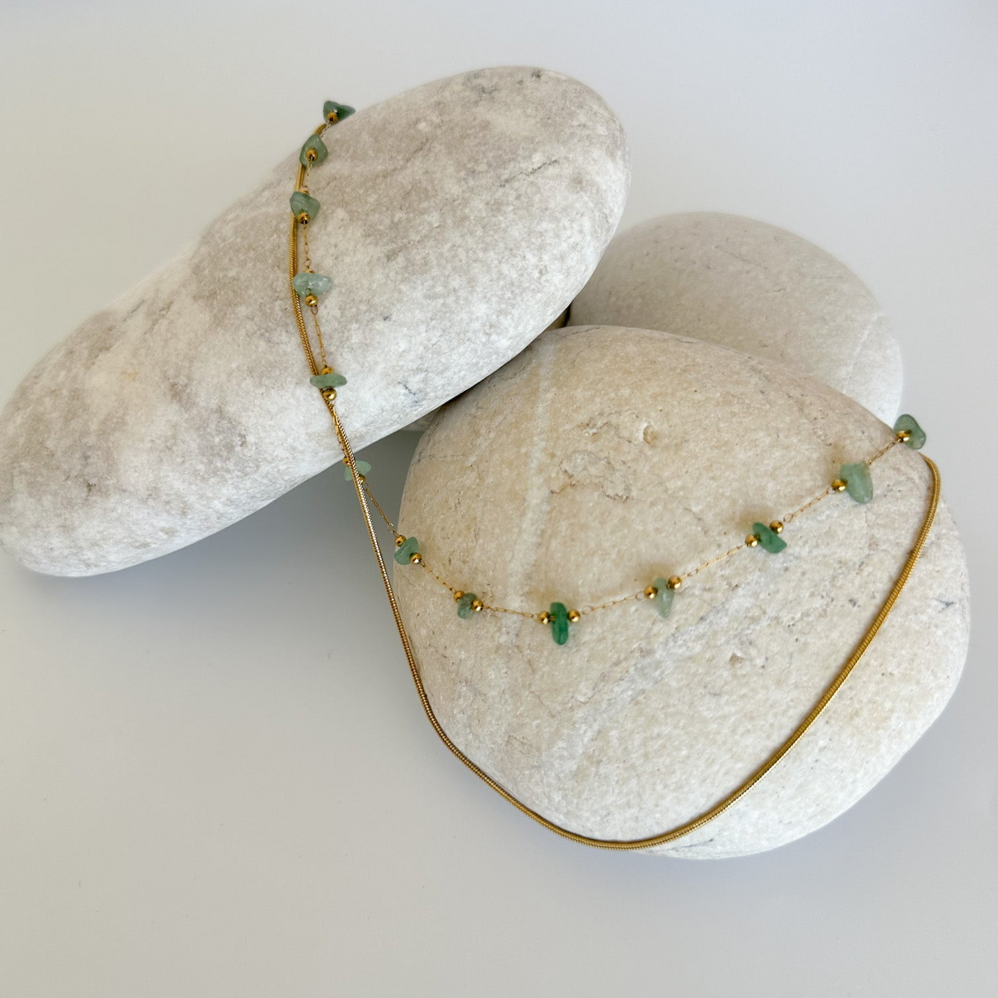 Double Necklace with Gold Chain and Green Rocks