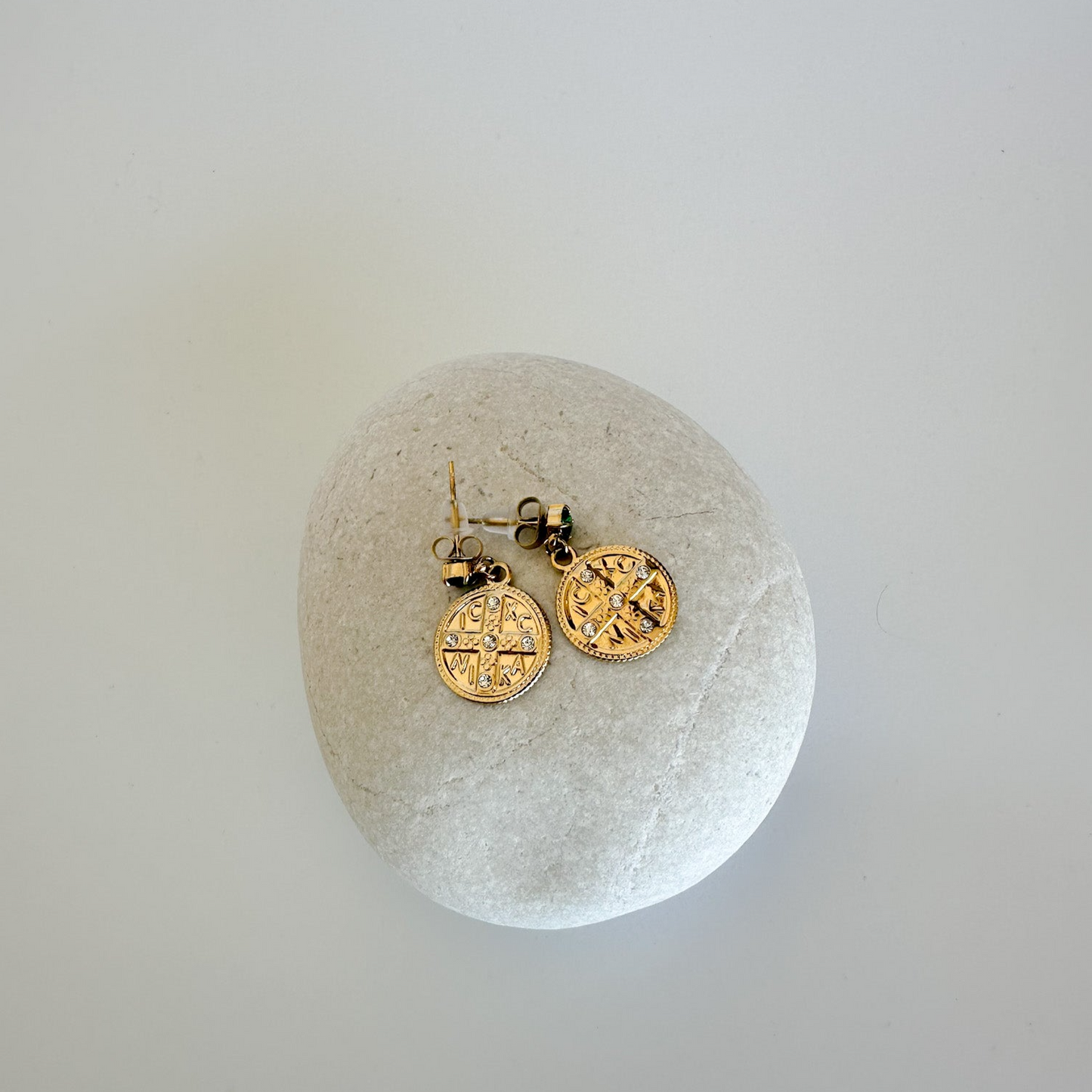 Round Earrings with Cross and Zircons