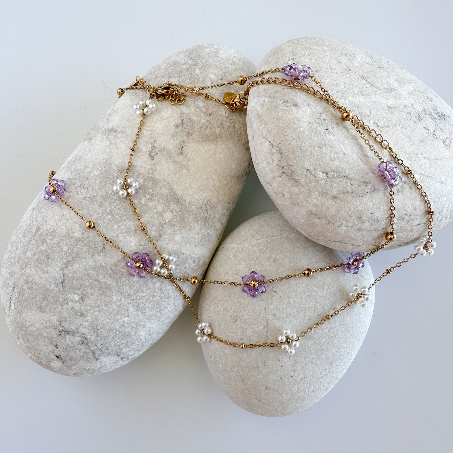 Gold Necklace with Beaded White Flowers