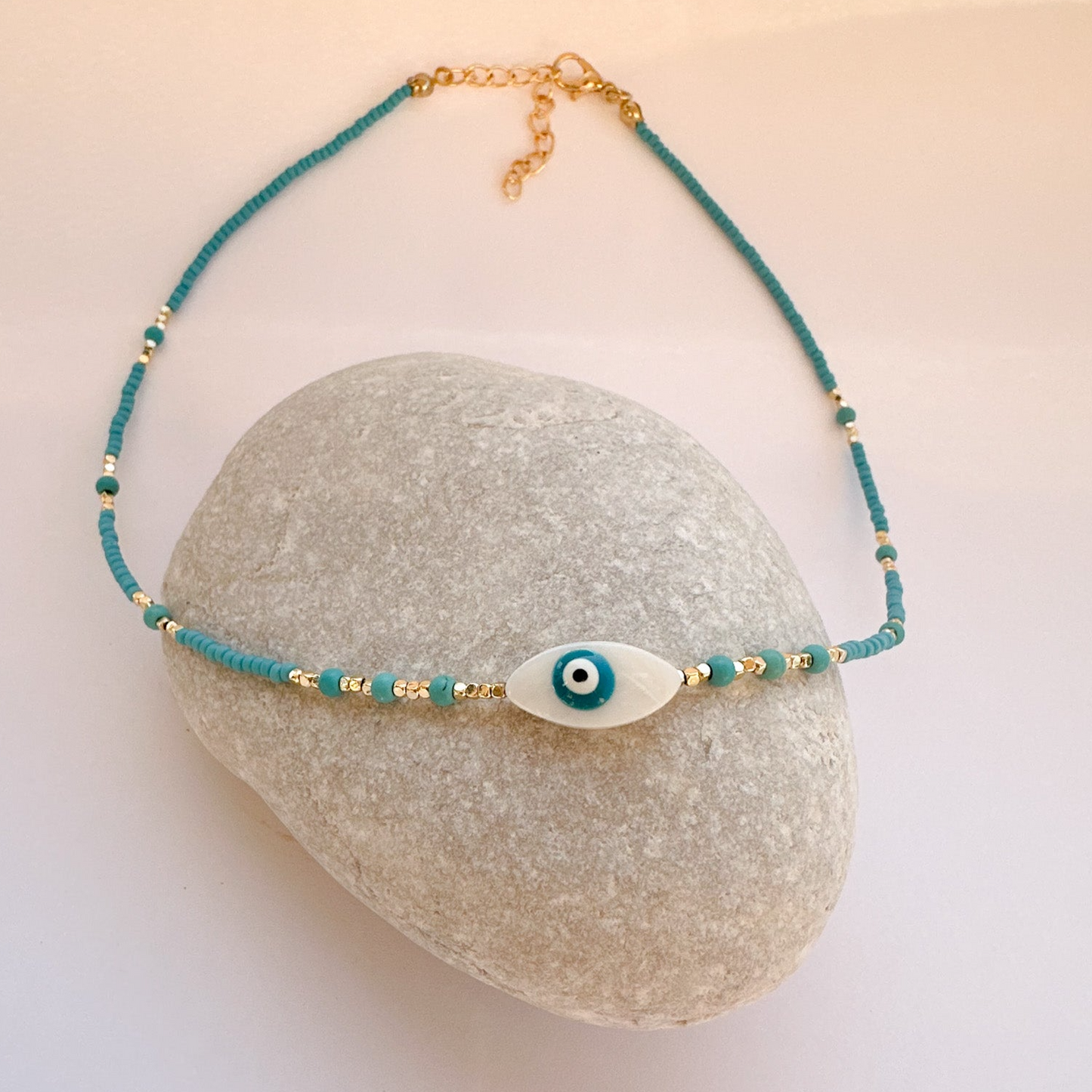 Light Blue Beaded Necklace with Big Evil Eye Charm