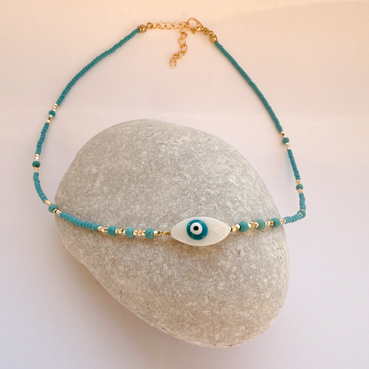 Light Blue Beaded Necklace with Big Evil Eye Charm