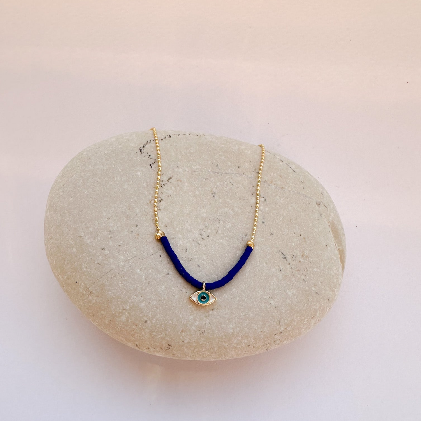 Gold Chain Necklace with Evil Eye Charm and Blue Beads