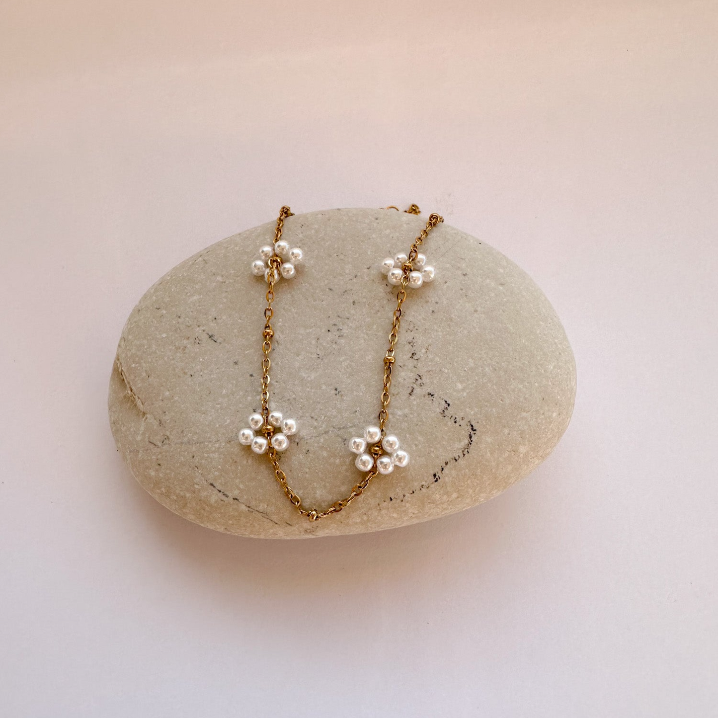 Gold Necklace with Beaded White Flowers