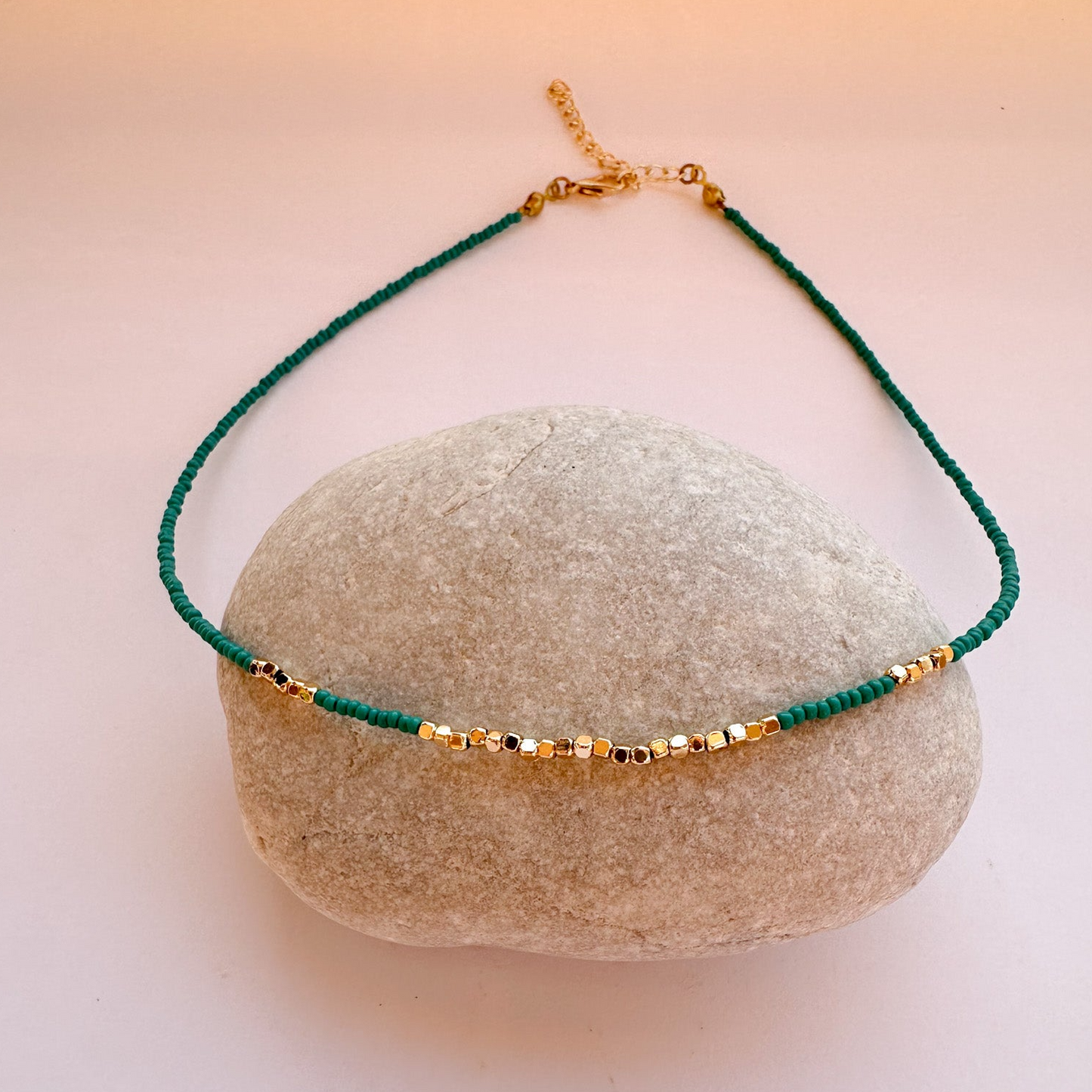 Beaded Necklace with Turquoise, White and Gold Beads