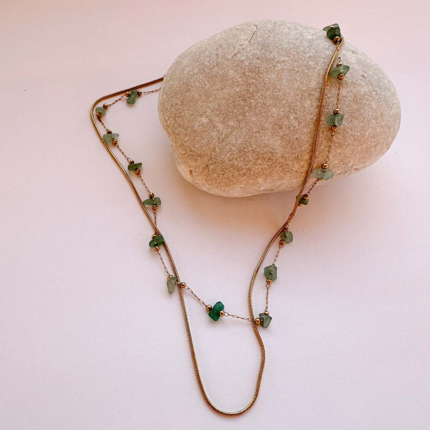 Double Necklace with Gold Chain and Green Rocks