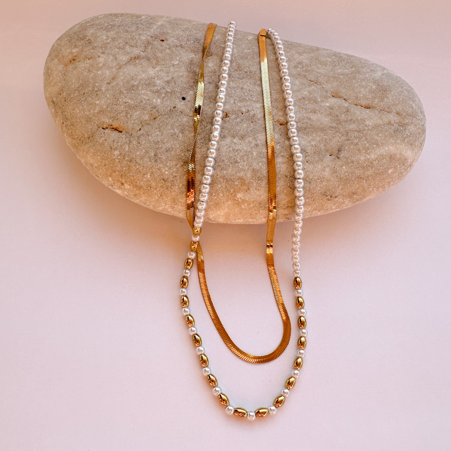 Double Necklace with Beaded and Gold Chain