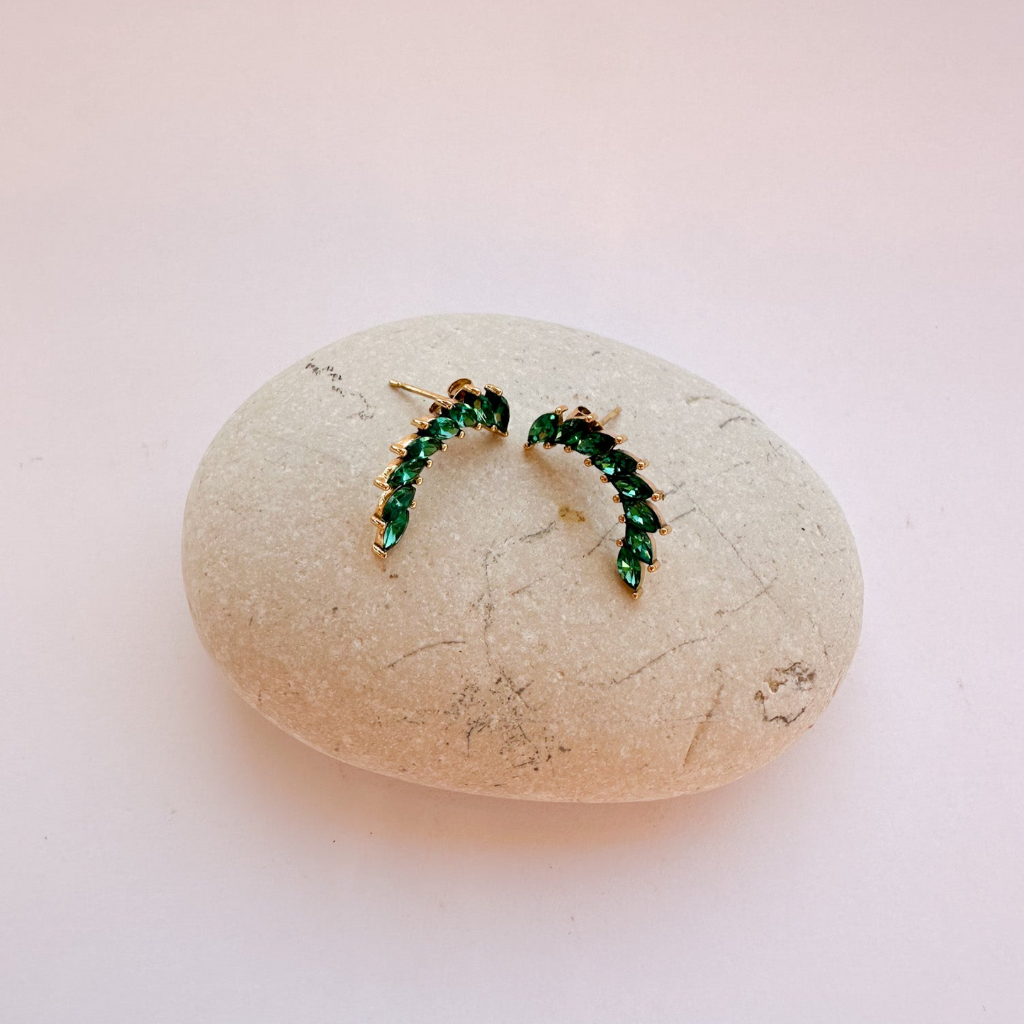 Gold Leaf Stud Earrings with Emerald Zircons