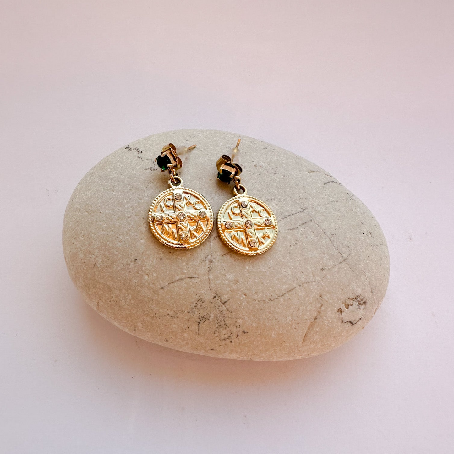 Round Earrings with Cross and Zircons