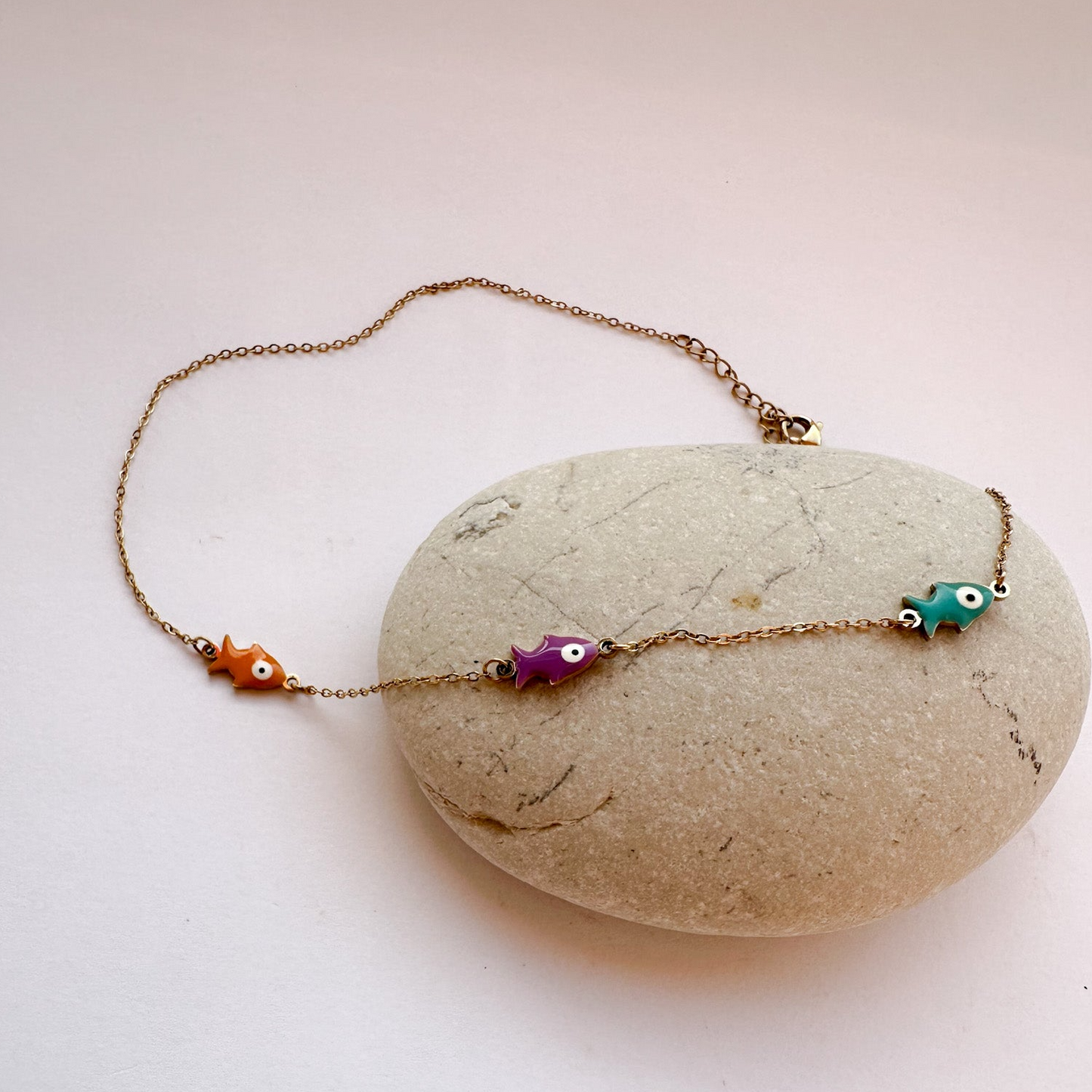 Gold Chain Necklace with Three Colorful Fish