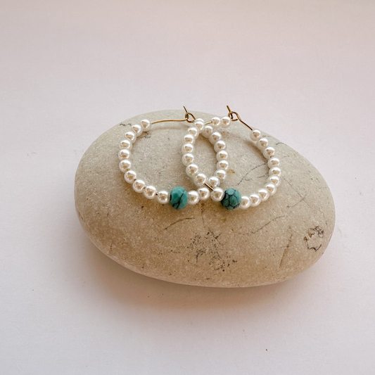 Hoop Earrings with Pearls and Turquoise Rock